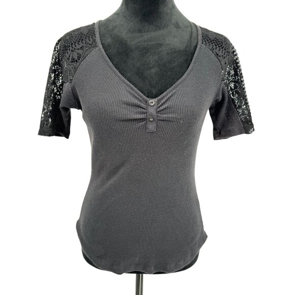 Bongo Y2K Waffle Knit Babydoll Top Womens M Lace V Neck Button Thermal Henley - Picture 1 of 7
